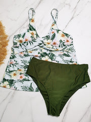 Floral Print Tankini Set Women's Cross Front V Neck Cami Top & Panty