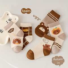 5pairs Kids Cartoon Bear Pattern Socks Soft Comfy Socks for Autumn Winter