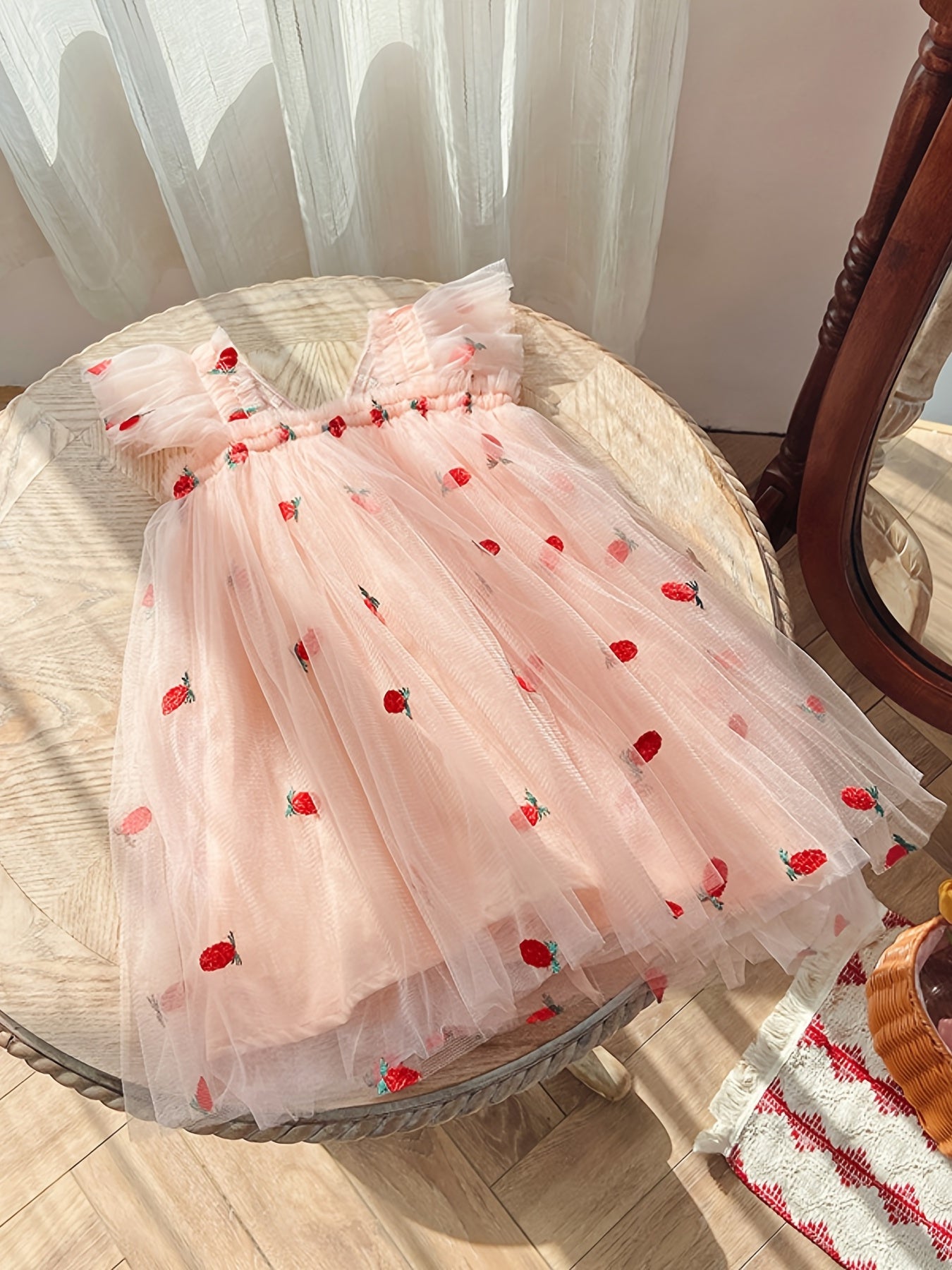 Toddler Girls Cherry Embroidery Mesh Puffy Dress