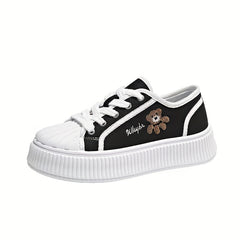 Women's Bear Pattern Platform Canvas Sneakers Soft Sole Skate Shoes