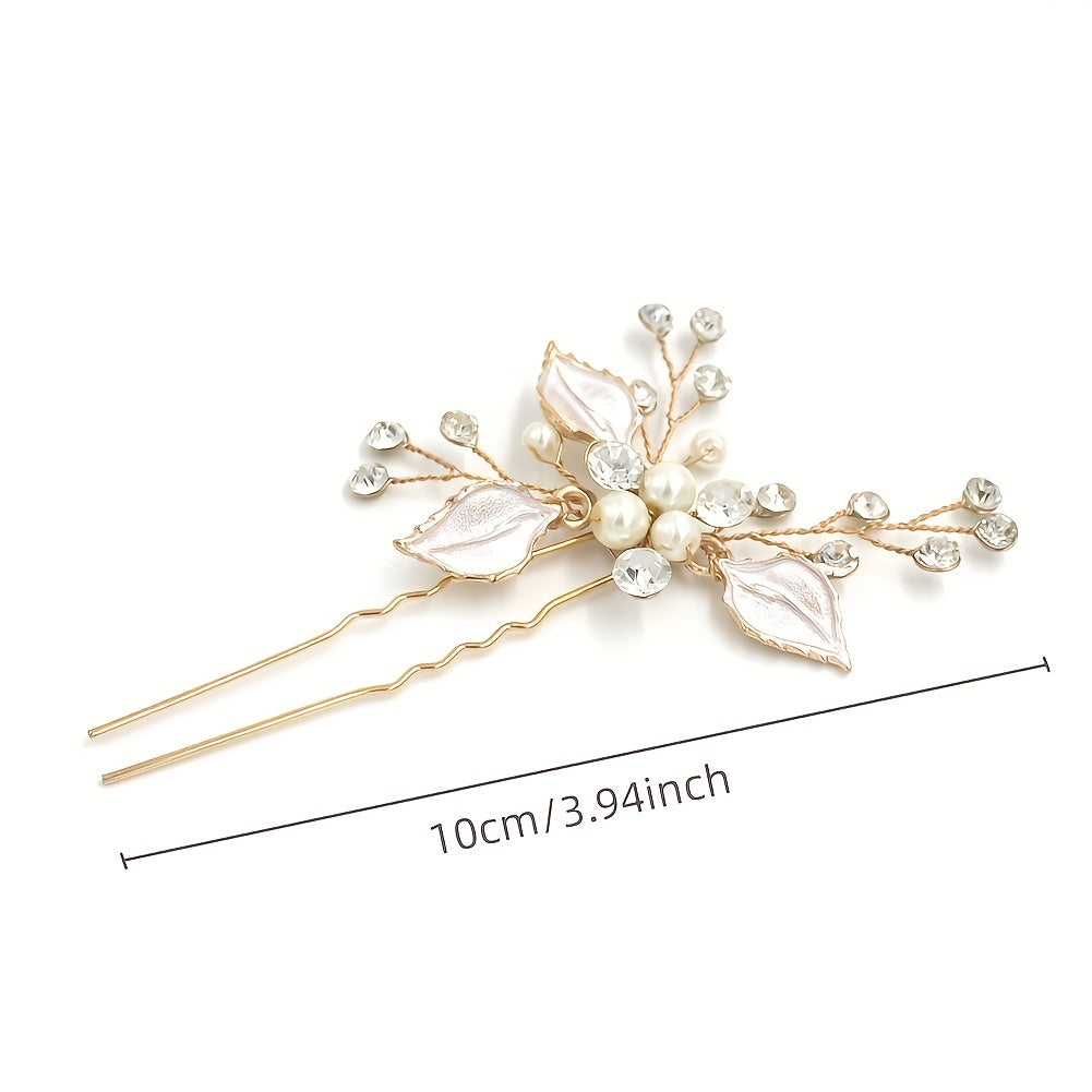 Alloy Leaf Shape Hairpin Inlaid Faux Pearl Crystal U shaped Hairpin