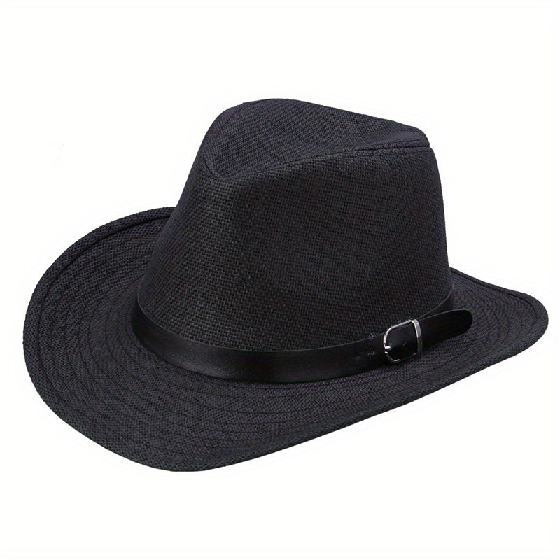 Western Cowboy Straw Fedora Belt Decor Wide Brim Sun Hat