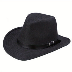 Western Cowboy Straw Fedora Belt Decor Wide Brim Sun Hat