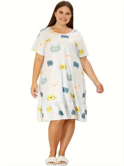 Colorful Cat Print Nightdress with Ruffle Trim