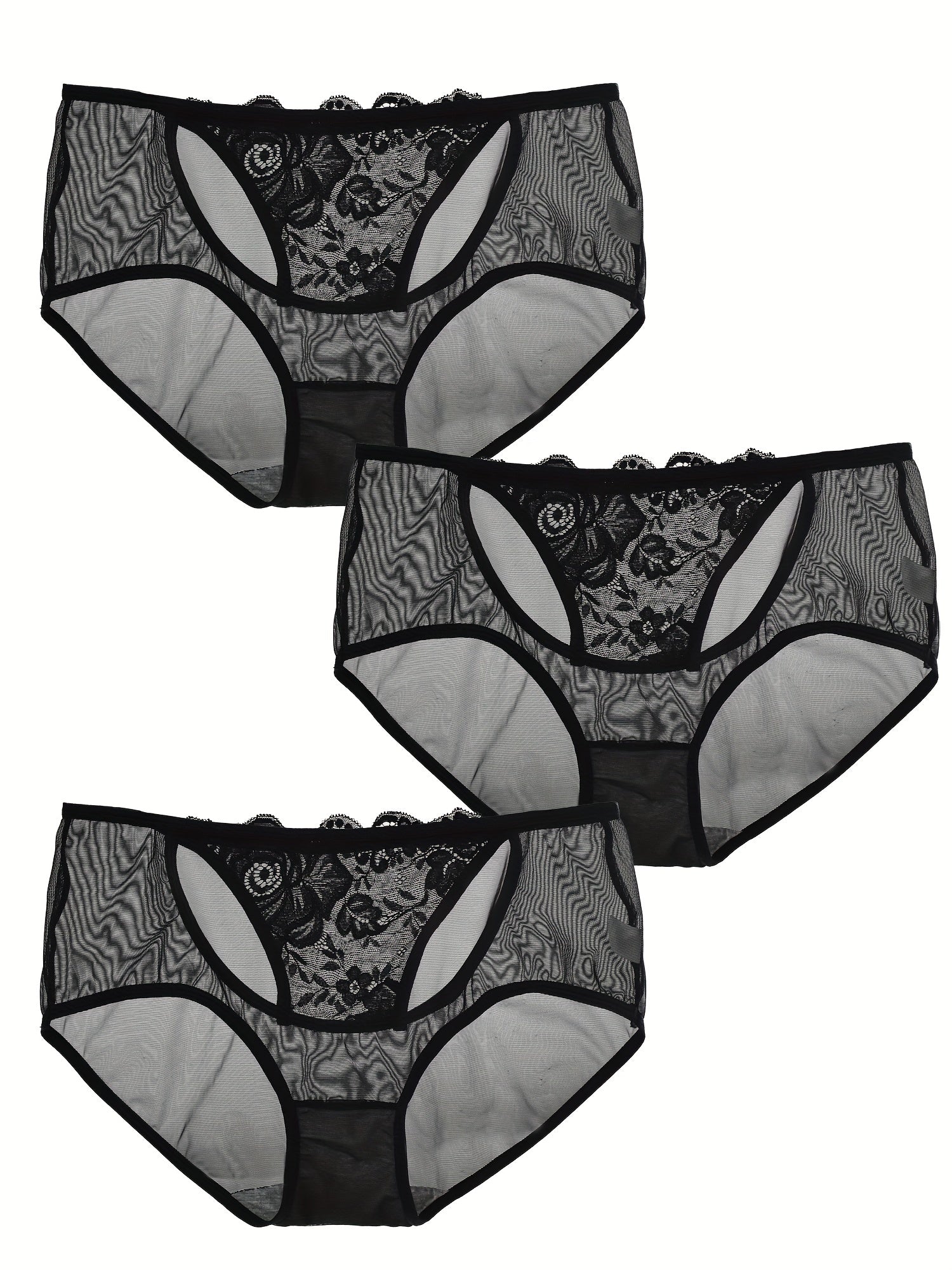 3 Pack Plus Size Lace Semi Sheer Panties High Stretch Briefs