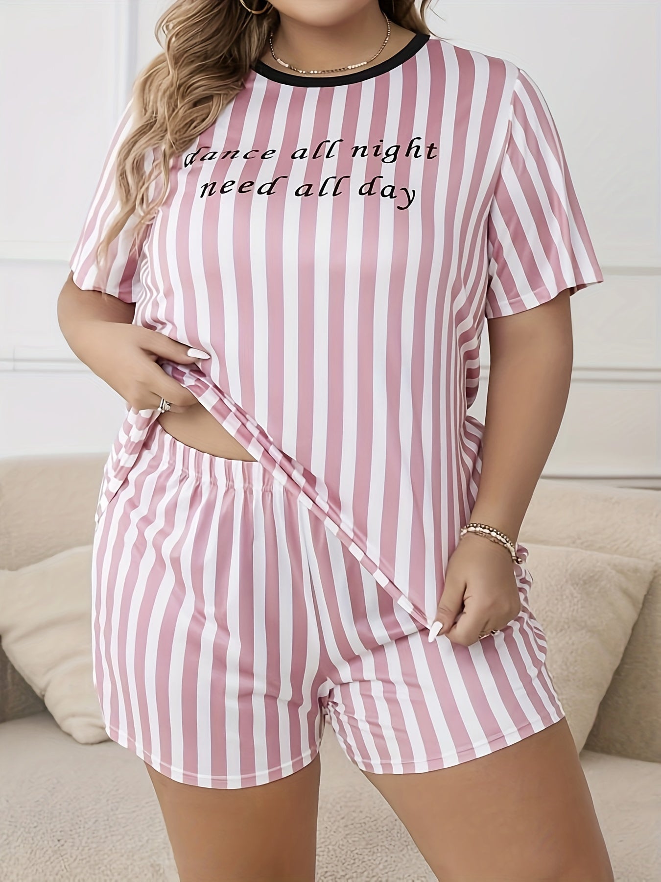 Letter & Striped Print Tee & Shorts Pajama Set