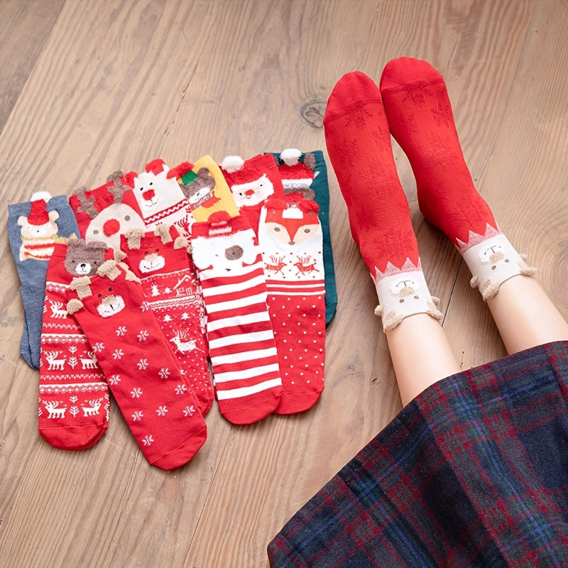4 Pairs Cartoon Print Socks Comfy Christmas Mid Tube Women's Stockings