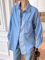 Colorblock Stripe Denim Blouse Button Down Long Sleeve