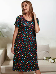 Heart Print Lounge Dress Short Sleeve Crew Neck Women's Loungewear