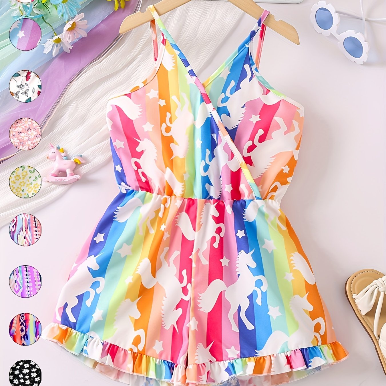 Girls Ditsy Floral & Rainbow Print Frilled Suspender Romper
