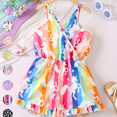Girls Ditsy Floral & Rainbow Print Frilled Suspender Romper