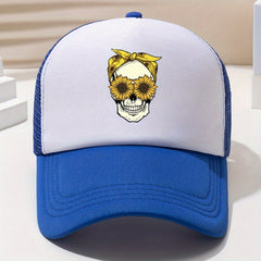 Skull Sunflower Print Baseball Cap Hip Hop Mesh Trucker Hat