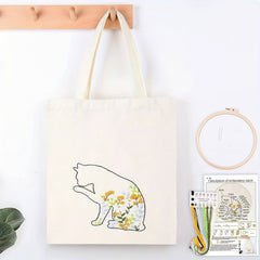 Embroidery Kit: Kitten Pattern Tote Bag with Hoop & Needles