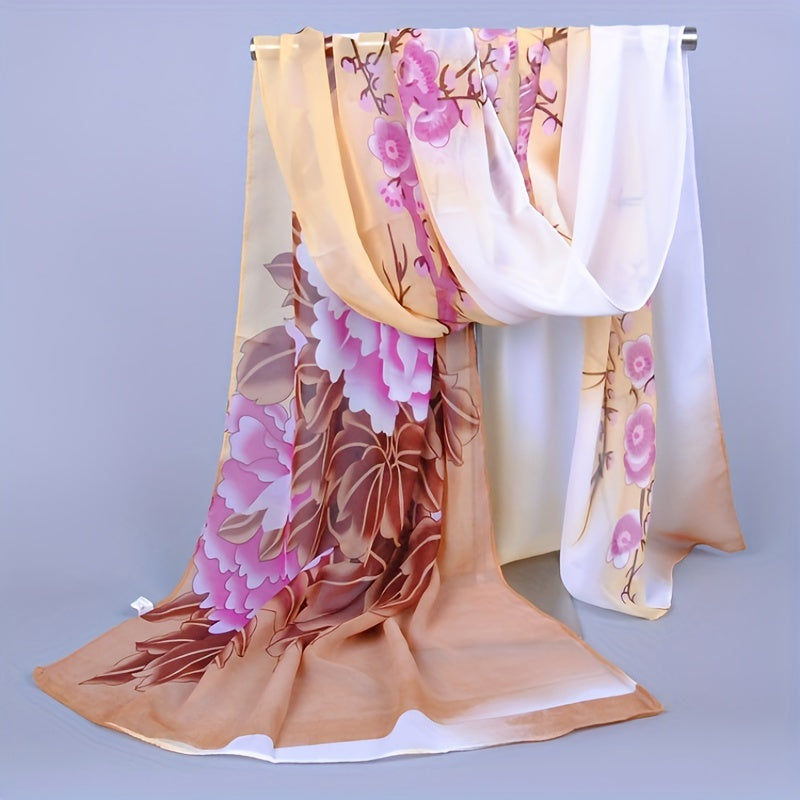 Chiffon Flower Print Gradient Long Scarf