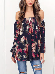 Floral Beachwear Top Off Shoulder Long Sleeves Casual Blouse