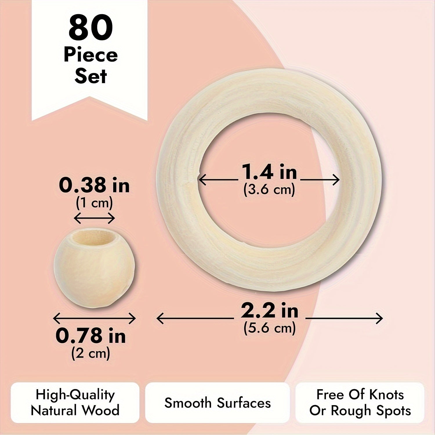 50pcs Wooden Beads & 30pcs Wood Rings for Macrame DIY Pendant Connectors