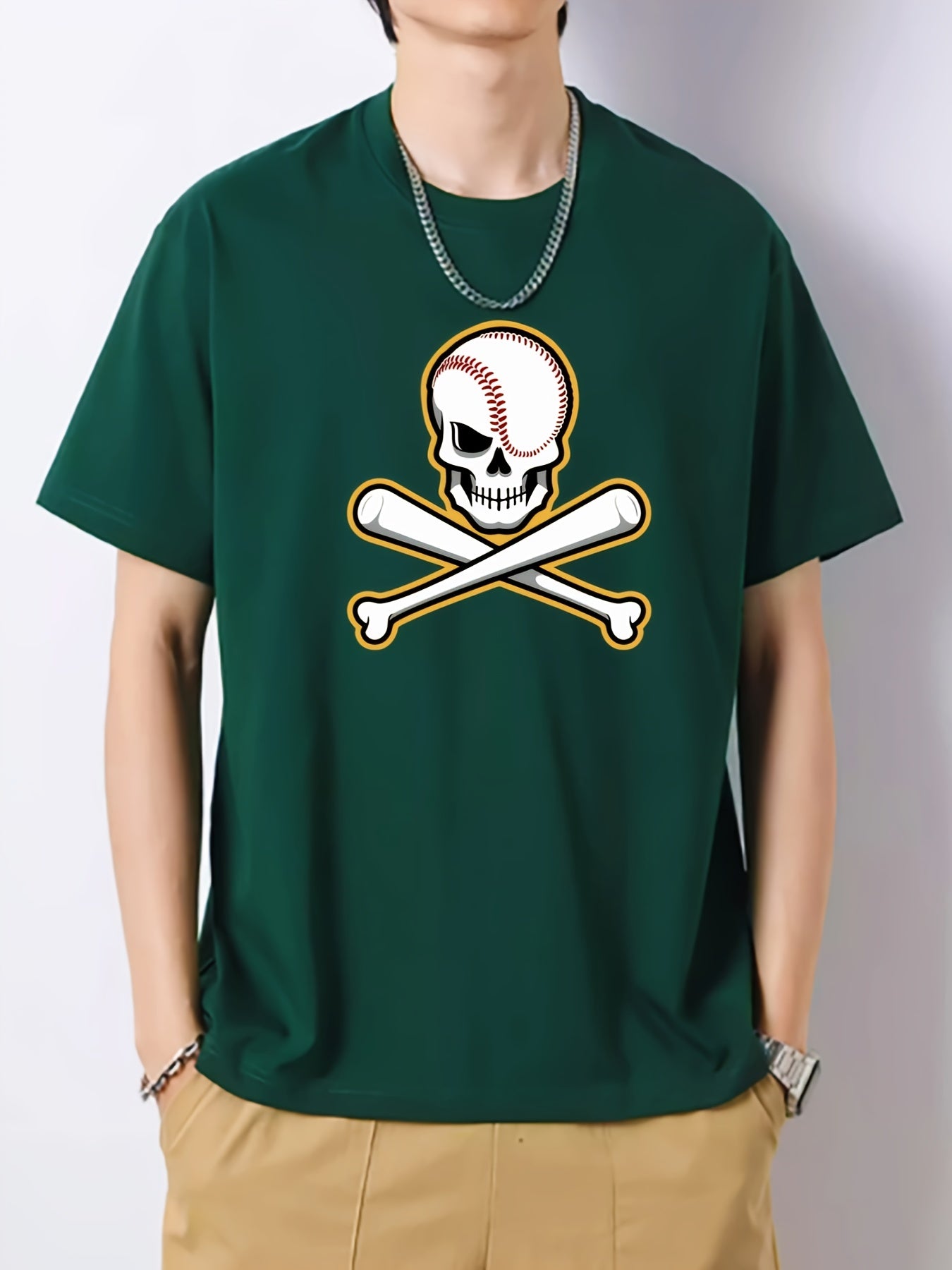 Funny Baseball Skeleton Print Men's Cotton Graphic Crew Neck Active T shirt