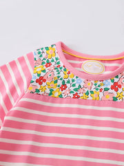 Girls' Stripe Flower Patch Long Sleeve Dress 2-8 Years