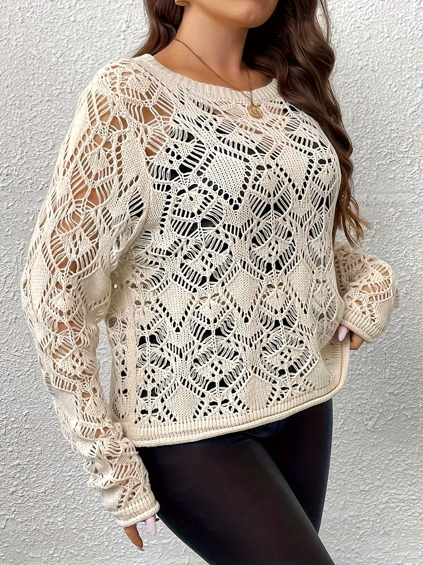 Sexy Knit Top Solid Pointelle Long Sleeve Round Neck
