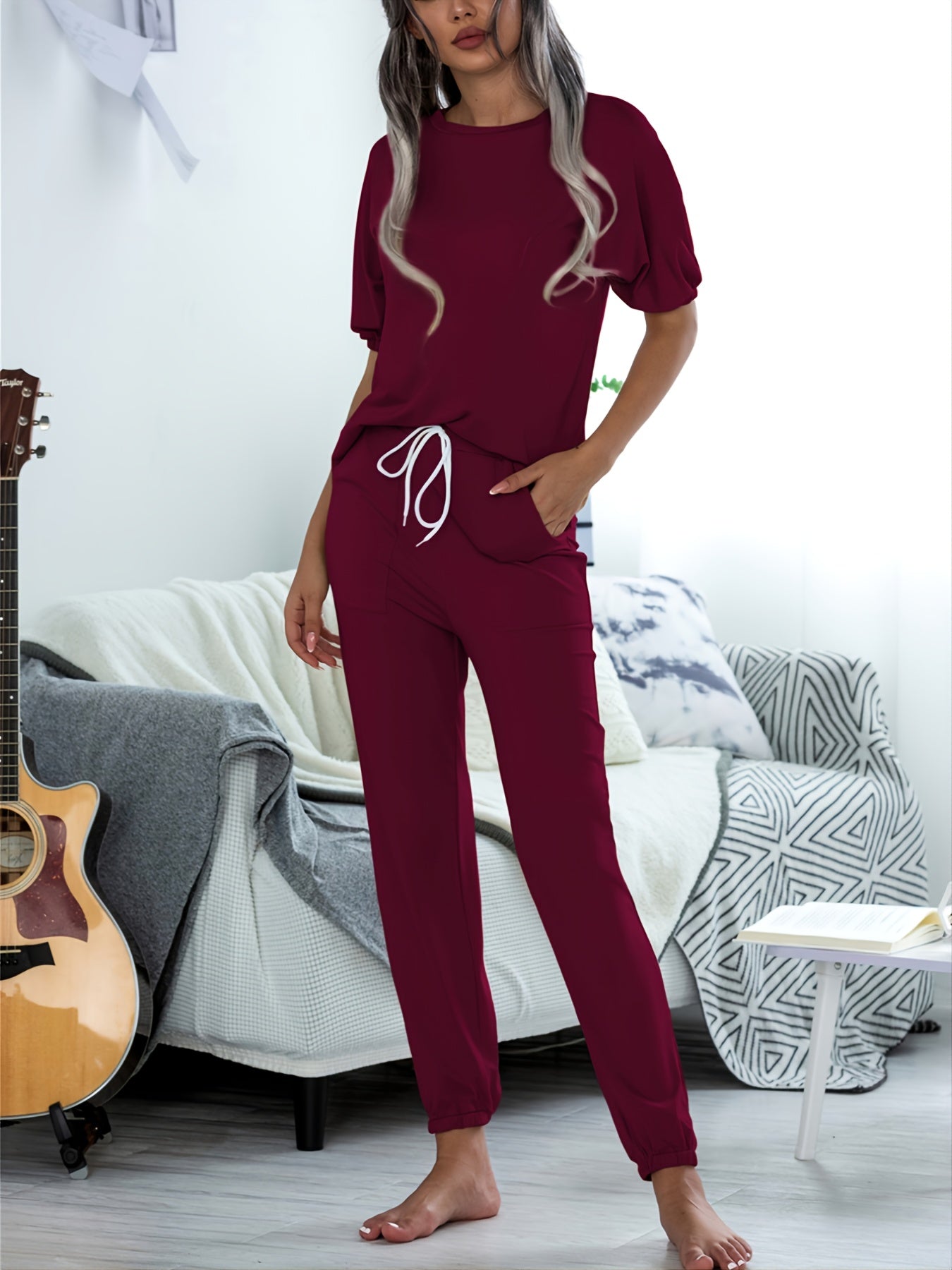 Solid Two piece Set Puff Sleeves & Drawstring Waist Pants Set