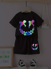 Boys Smile Face Graphic Print T-shirt & Shorts Set, Summer Kids Clothing