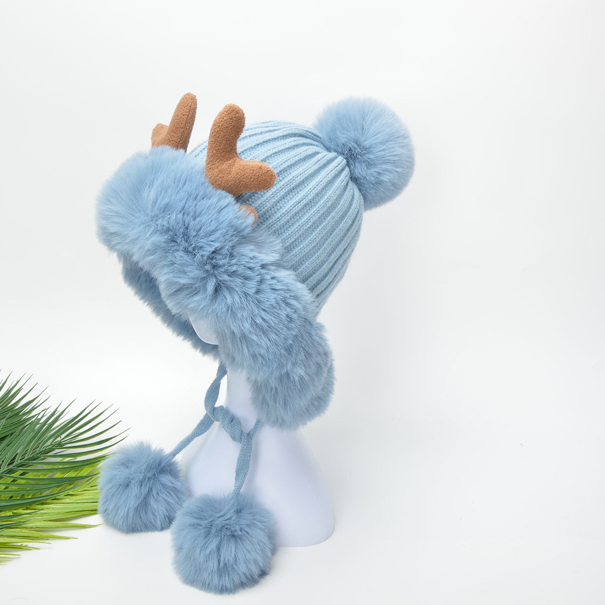Bubble Beanie Deer Horn Knitted Pom Pom Hat