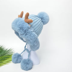 Bubble Beanie Deer Horn Knitted Pom Pom Hat