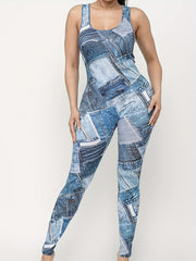 Plus Denim Print Scoop Neck High Stretch Jumpsuit