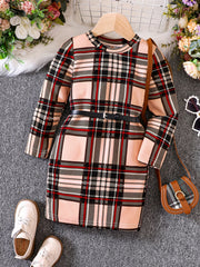 Girls' Classic Plaid Bodycon Dress With Belt Slim Fit