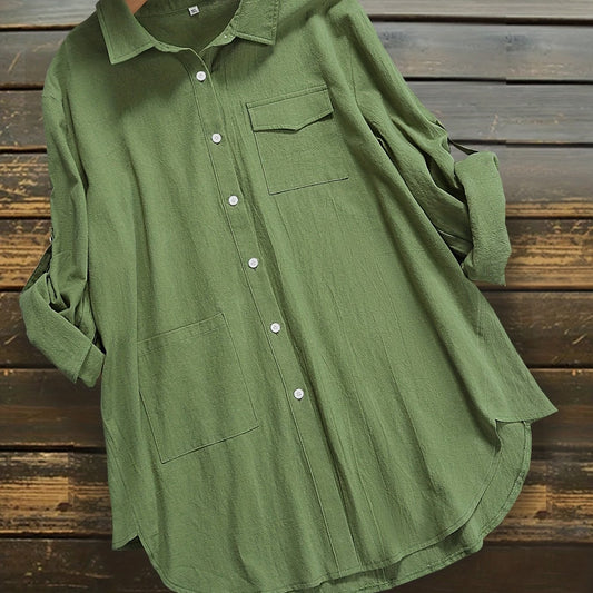 Casual Blouse Women's Plus Roll Up Sleeve Button Up Blouse
