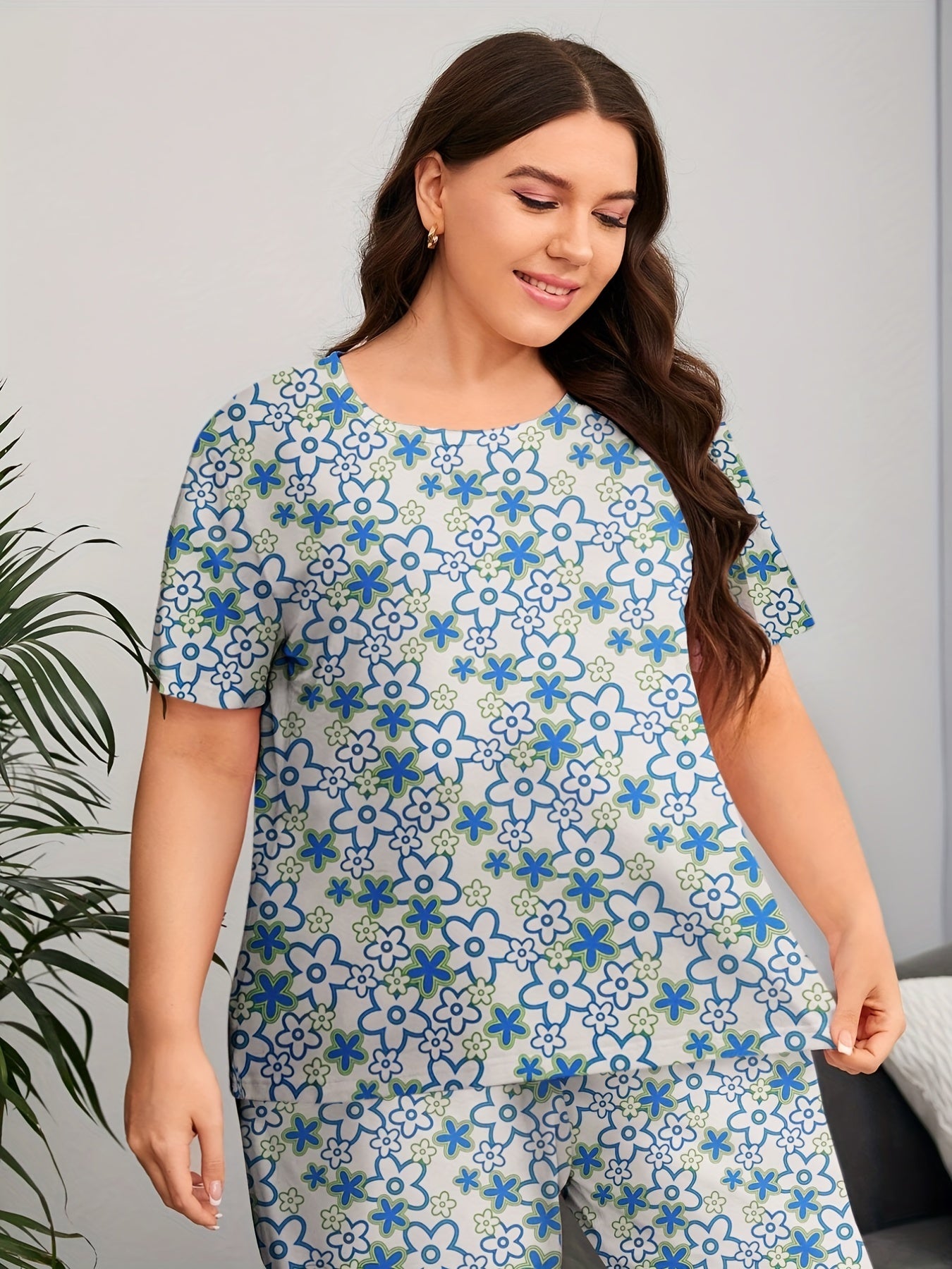 Women's Plus Floral Print Pajama Set Short Sleeve Top & Pants Two Piece