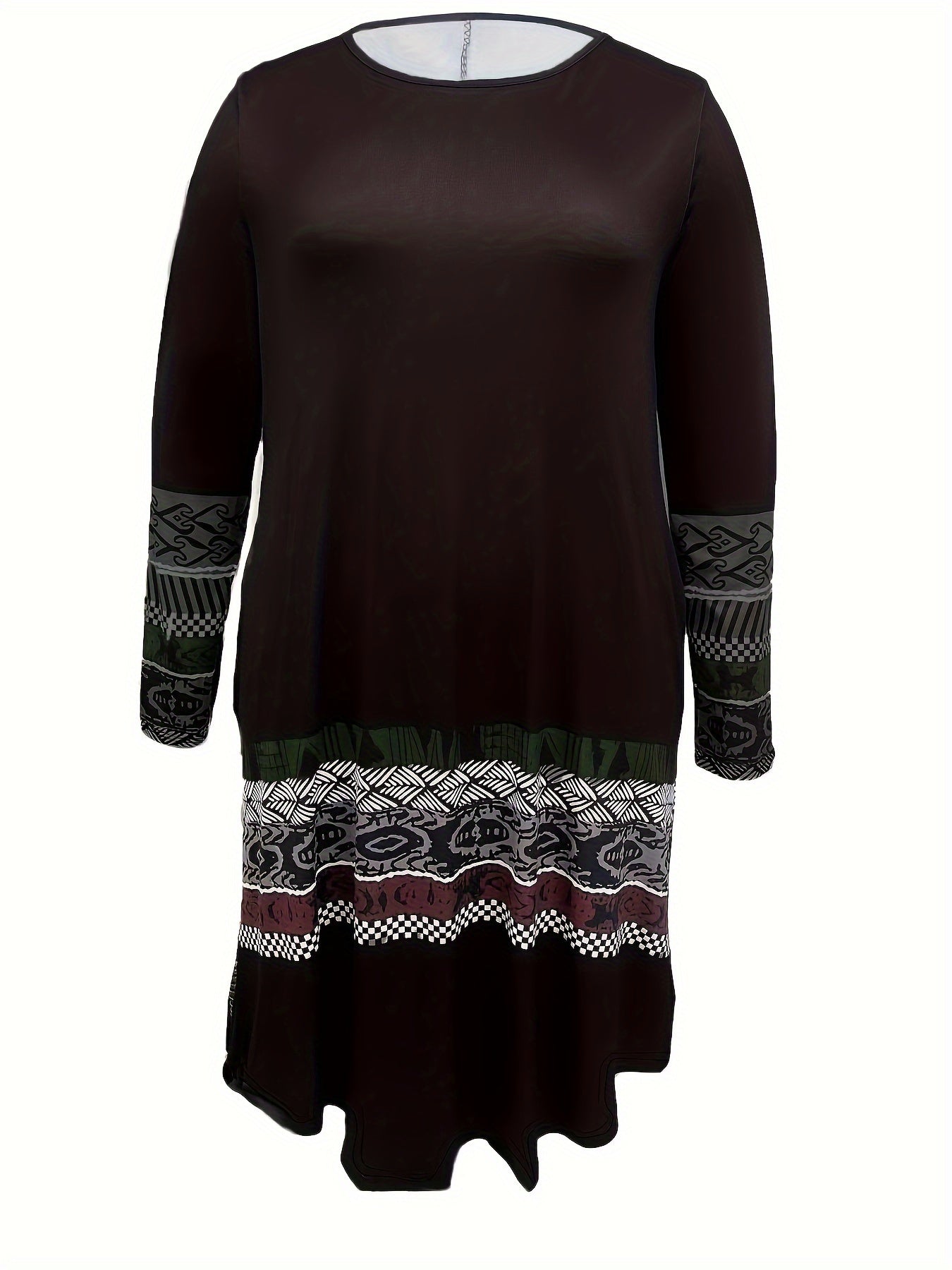 Geometric Print Long Sleeve Plus Size Casual Dress with Pockets