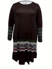 Geometric Print Long Sleeve Plus Size Casual Dress with Pockets
