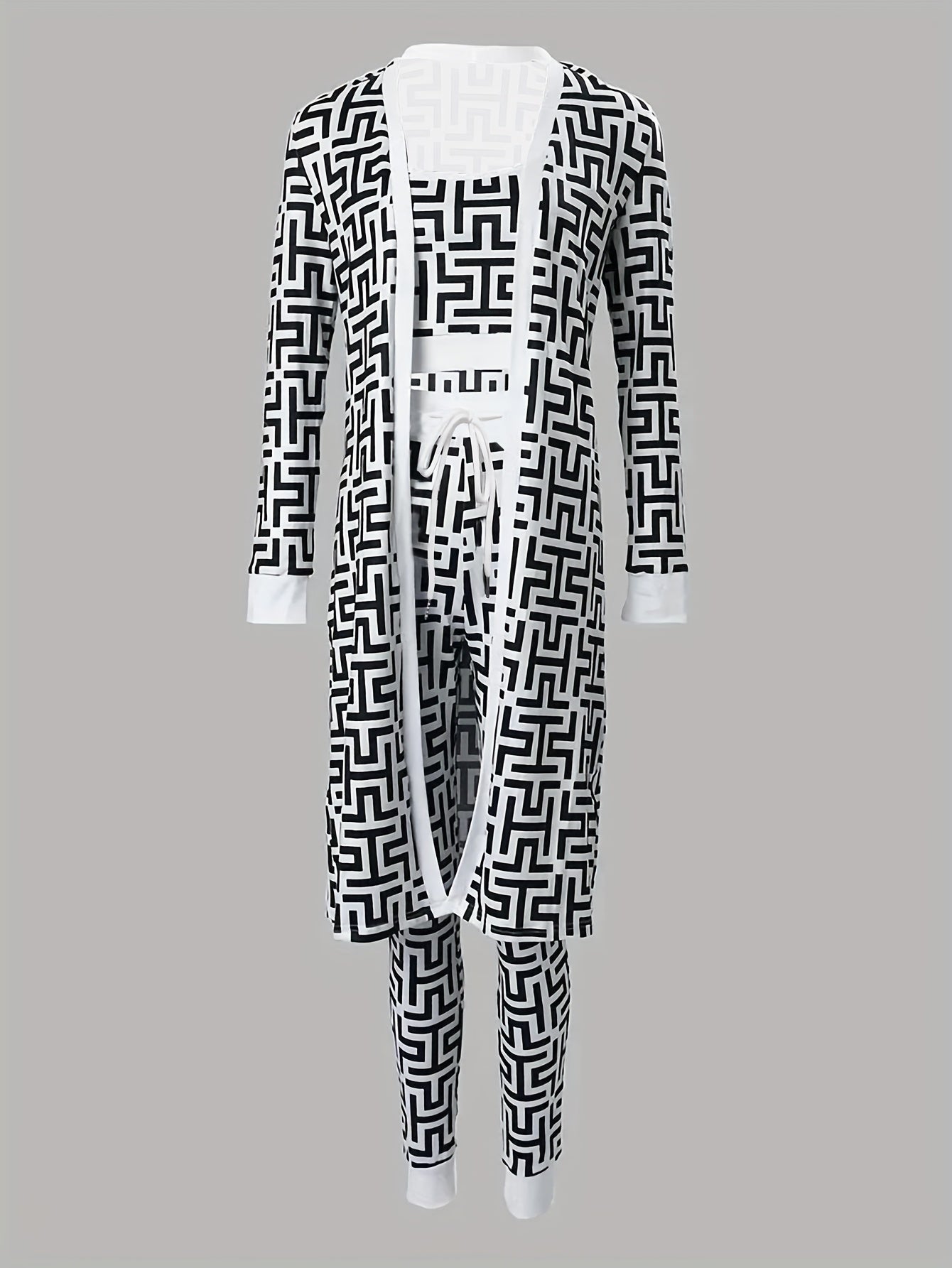 Greek Print 3-Piece Set: Crop Top, Pants & Open Front