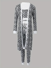 Greek Print 3-Piece Set: Crop Top, Pants & Open Front