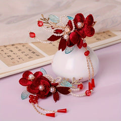 Vintage Red Velvet Flowers Beaded Hairpins Tassel Hair Clips