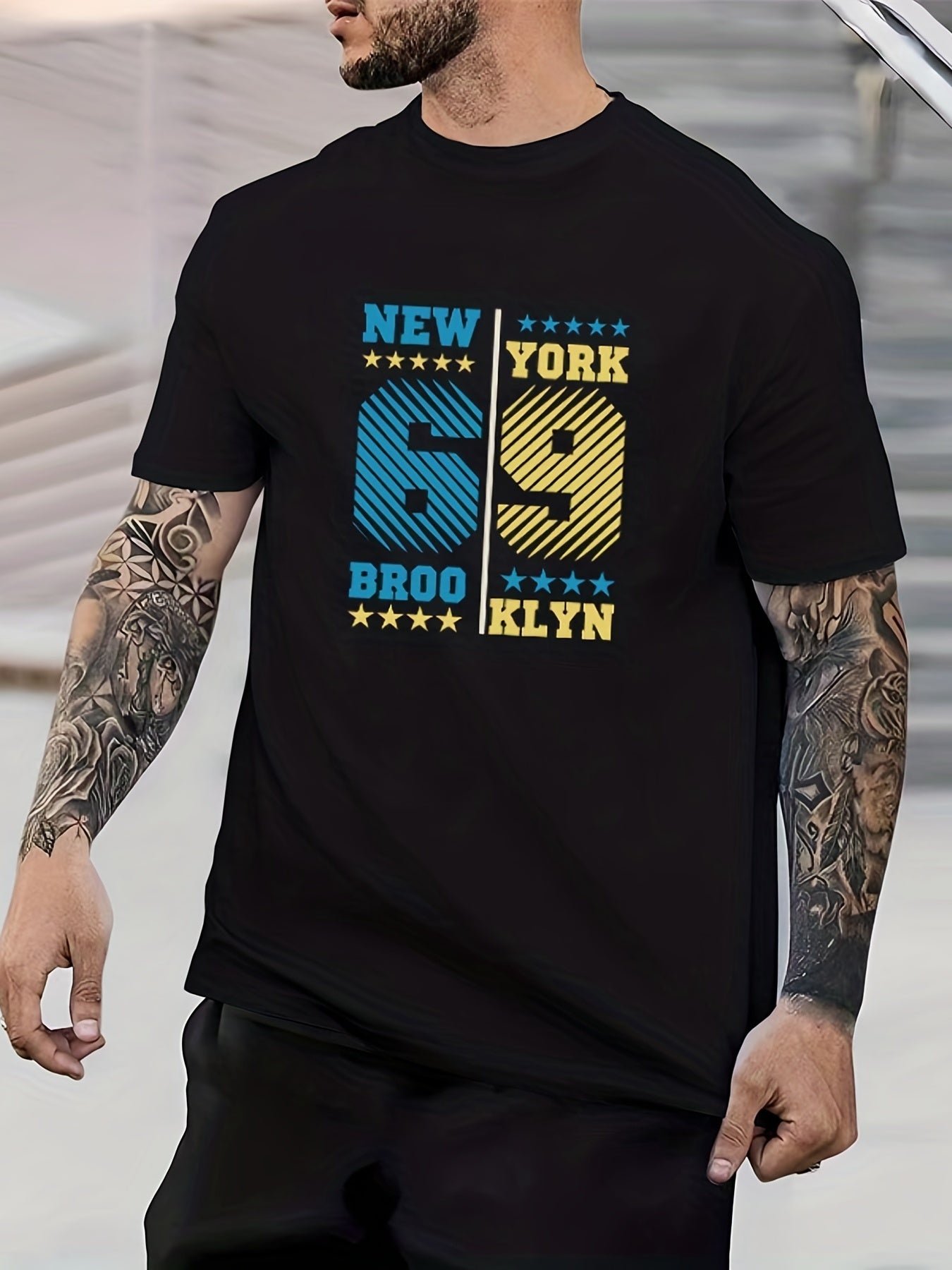 Retro Number & Letter Print Men's Graphic Crew Neck Active Tee