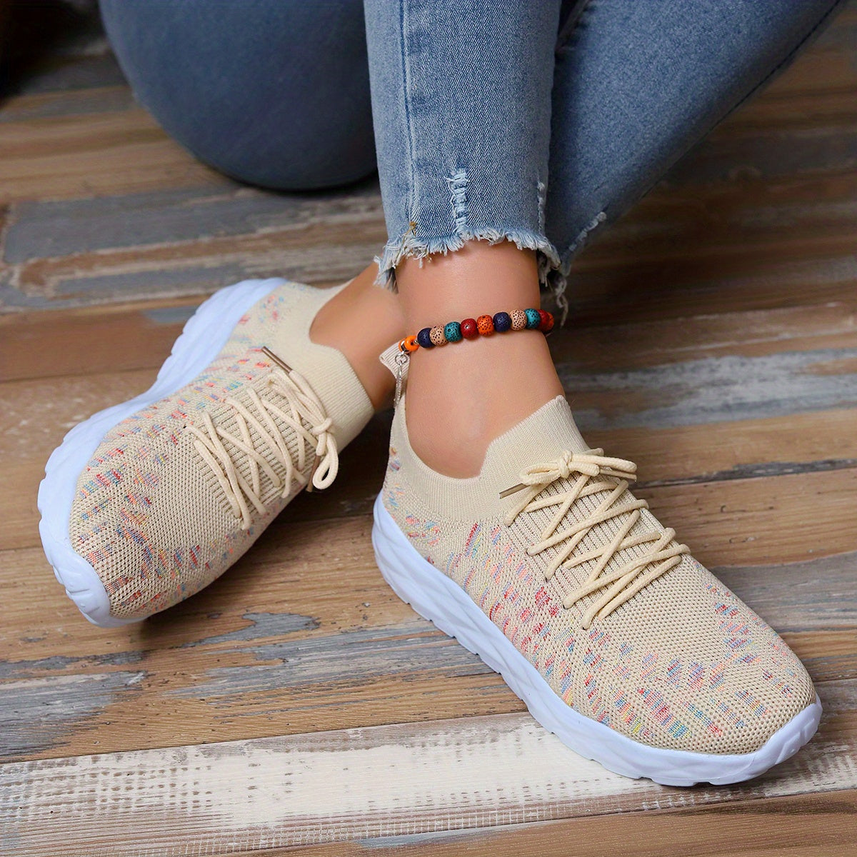 Women's Knit Lace Up Sneakers Breathable Sports Shoes