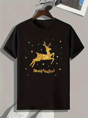 Christmas Deer Print Men's Graphic T-shirt for Summer