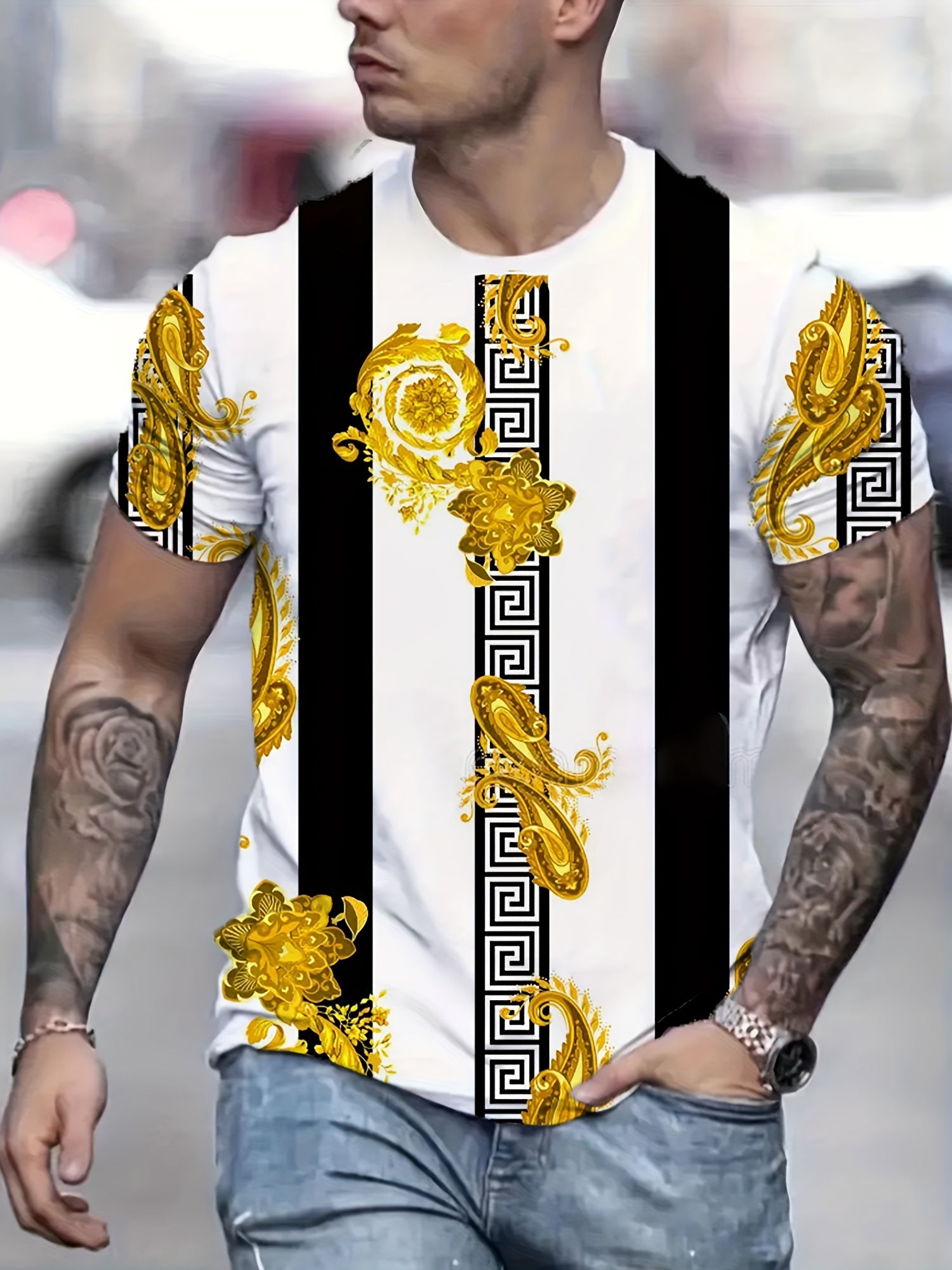 Paisley Pattern T shirt Men's Casual Street Style Stretch Tee Shirt For Summer