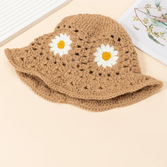 Casual Flower Knit Bucket Cap Khaki Hollow Crochet Fisherman Hat Sun Beach
