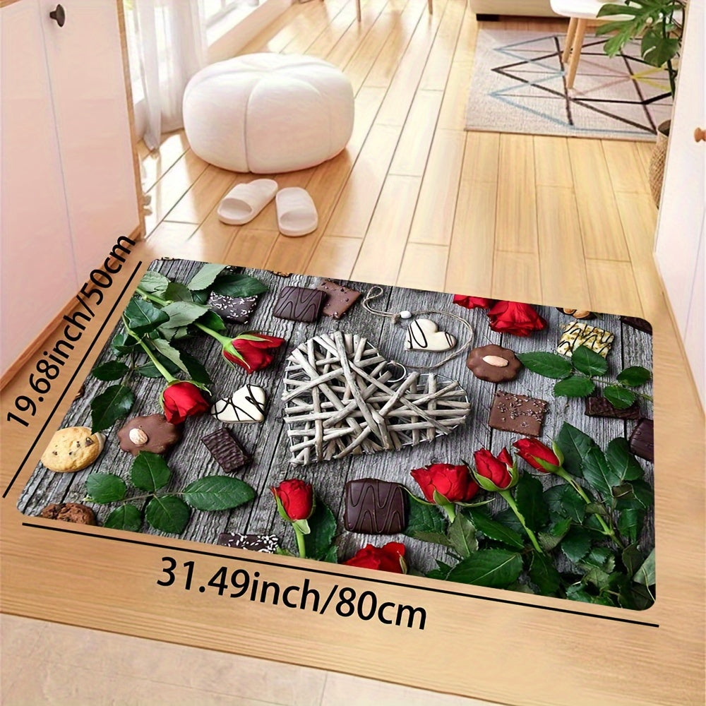 Heart Pattern Rug Red Rose Print Mat Washable Rectangular Carpet