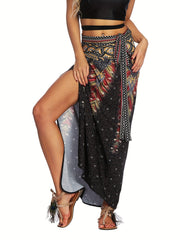 Ethnic Print Split Thigh Skirt Boho High Waist Maxi
