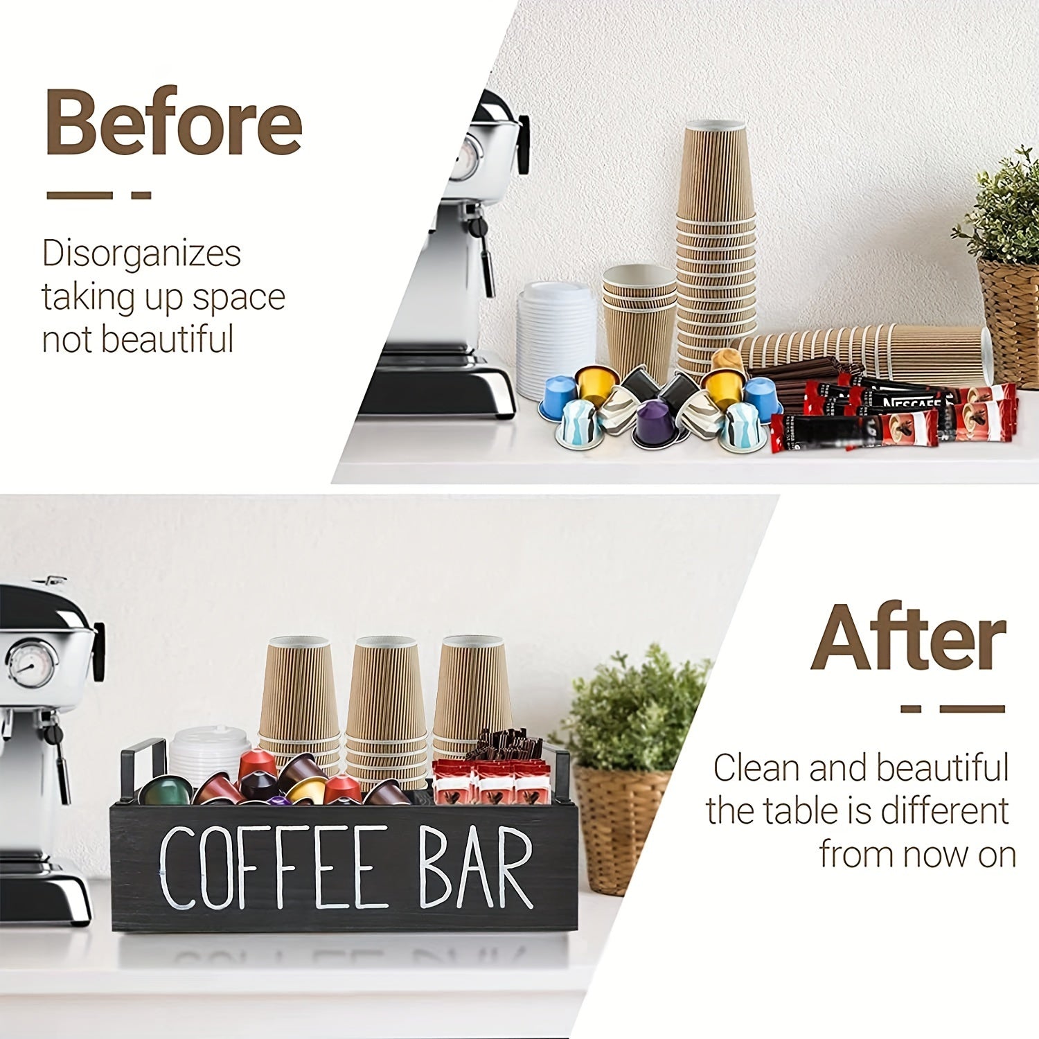 Wooden Coffee Bar Box Farmhouse Style Countertop Organizer for Cups & Pods