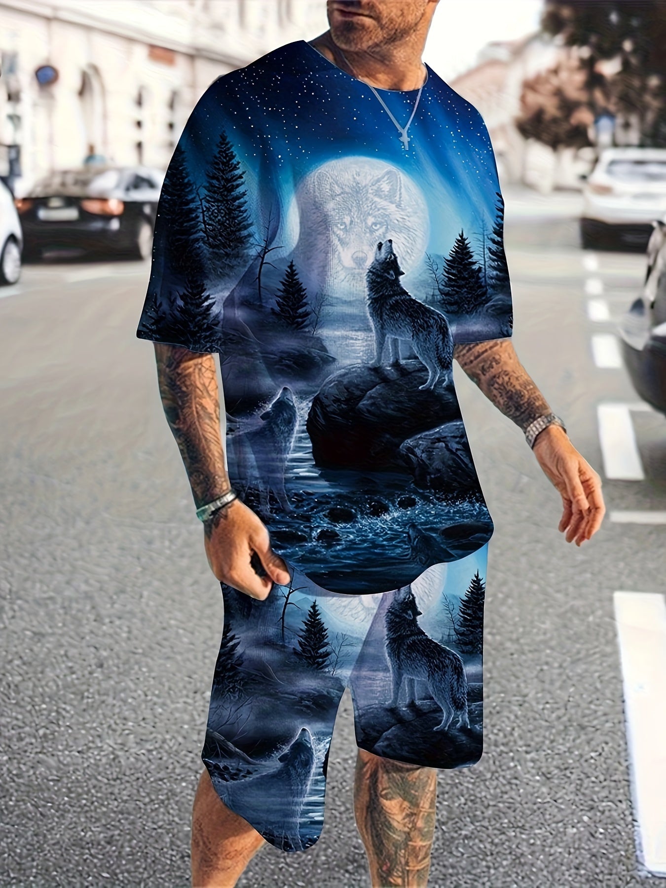 Men's Wolf Pattern T shirt & Active Shorts Set For Fitness