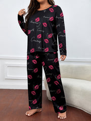Kiss & Letter Print Pajamas Set Round Neck Long Sleeve