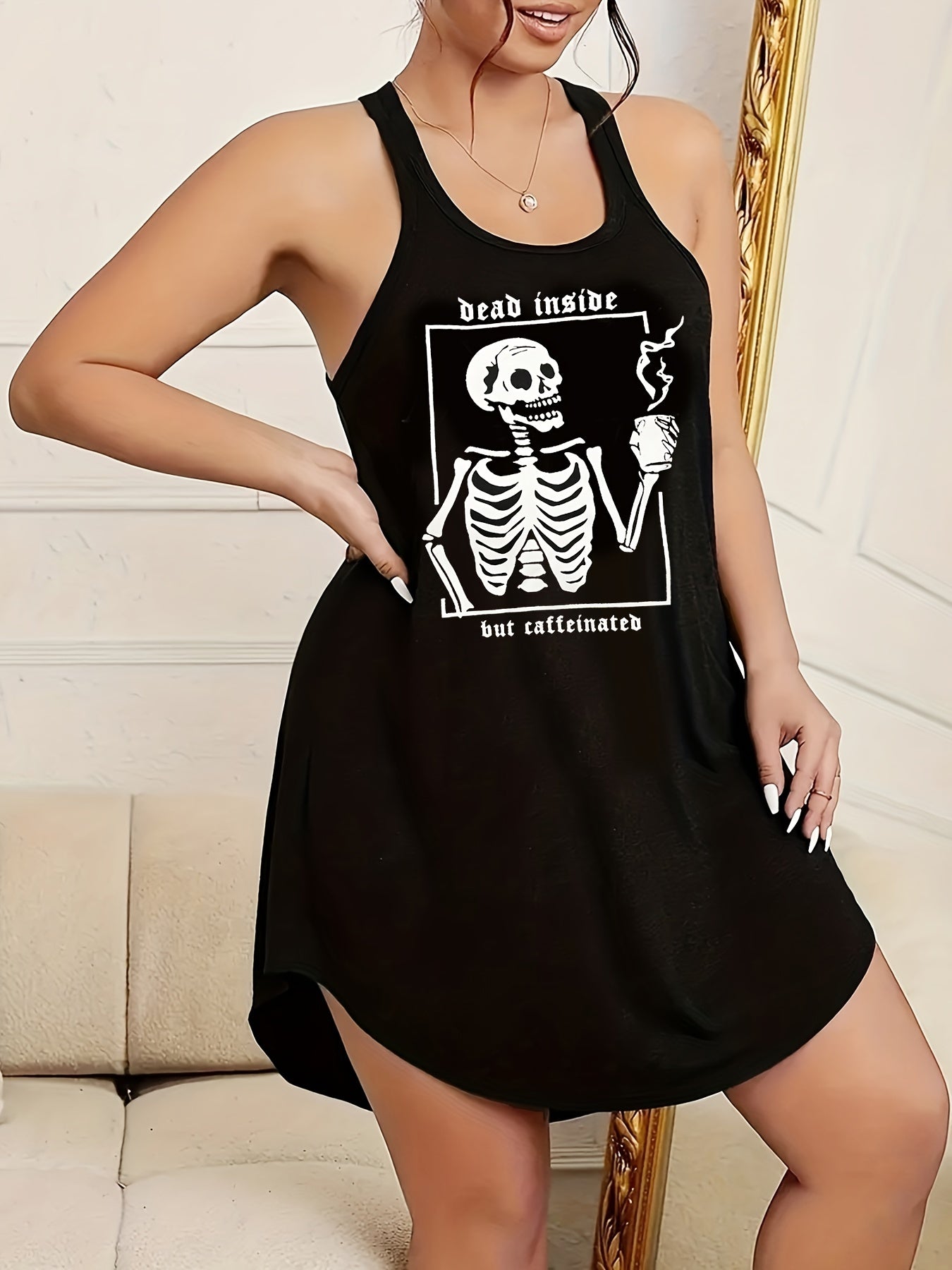 Halloween Skull & Coffee Print Lounge Dress