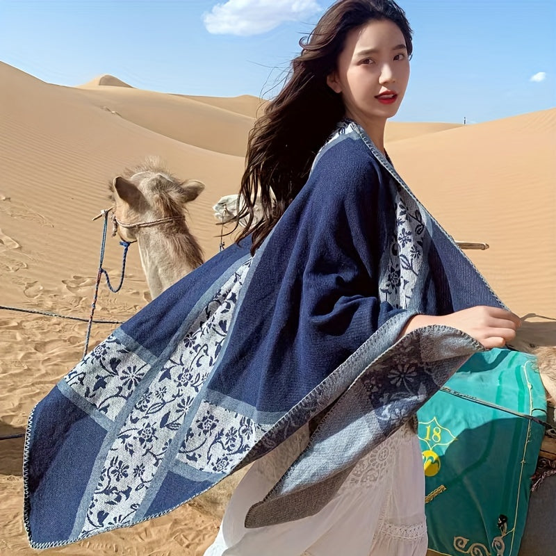 Floral Jacquard Shawl Thick Boho Wrap Windproof Cape Blanket Scarf