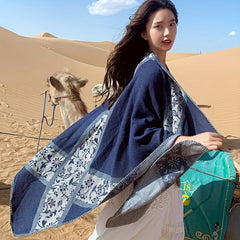 Floral Jacquard Shawl Thick Boho Wrap Windproof Cape Blanket Scarf