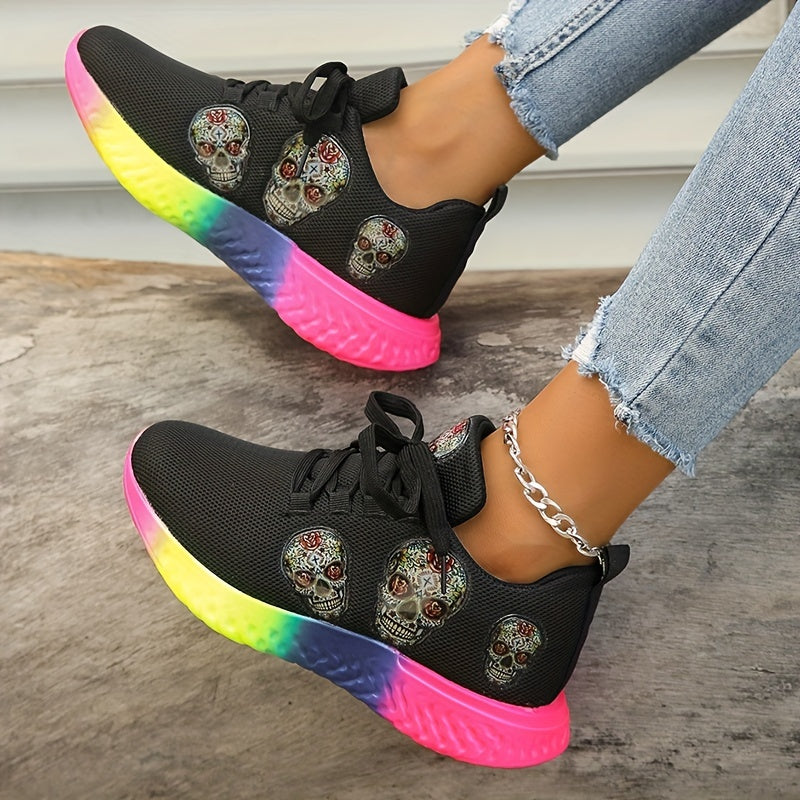 Skull Pattern Mesh Sneakers Lace Up Sports Shoes